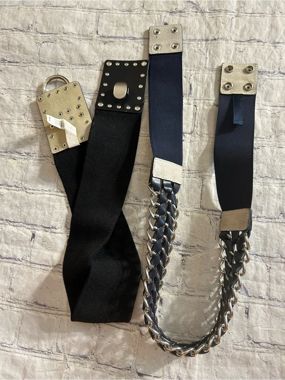 LOT OF (2) BLACK WITH SILVER TONE HARDWARE BIKER STRETCH WIDE BELTS SIZE LARGE